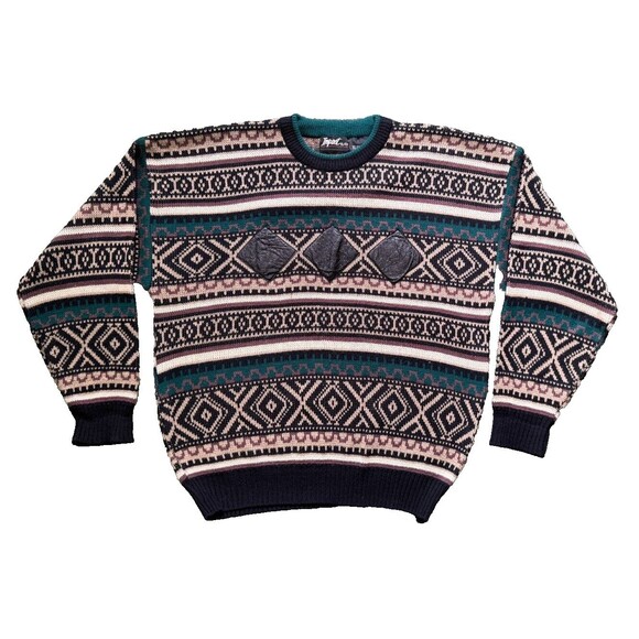 Impact Other - Vintage Impact Mens 80s Retro Tribal Aztec Knit Leather Applique Sweater XL
